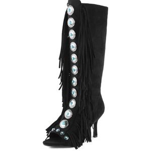 Women's Black FancyQueen Gladiator Heels Knee High Stiletto Peep Toe Boot